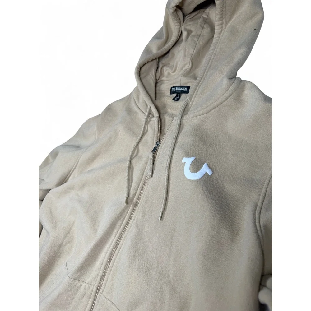 True Religion Mens Tan Buddha Graphic Full Zip Hoodie Horseshoe Logo Size Medium